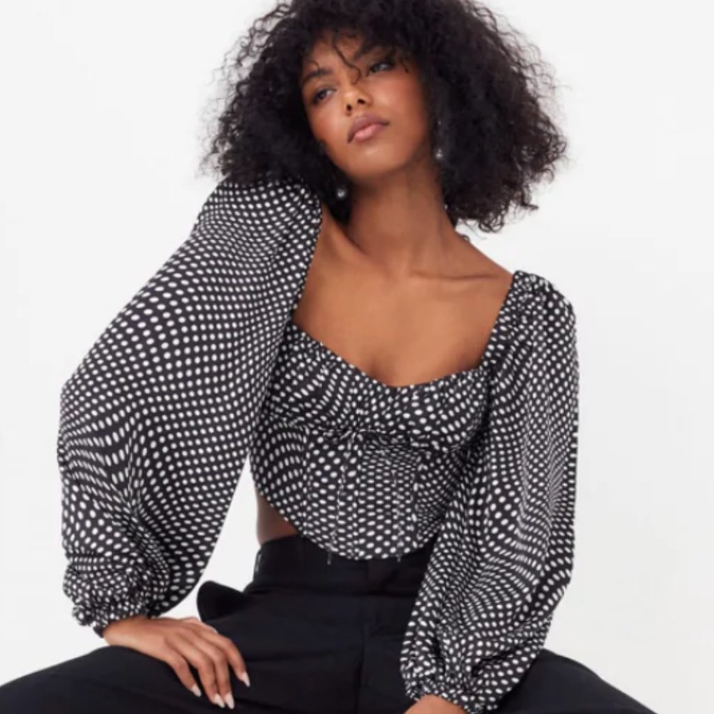 For Love & Lemons Black and White Polka Dot Long Sleeve Crop Top